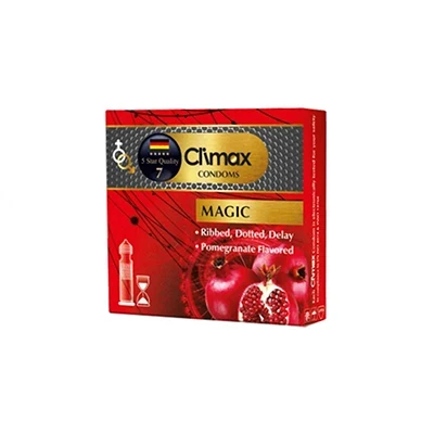 کاندوم تاخیری خاردار و شیاردار کلایمکس اناری مدل Magic بسته 3 عددی