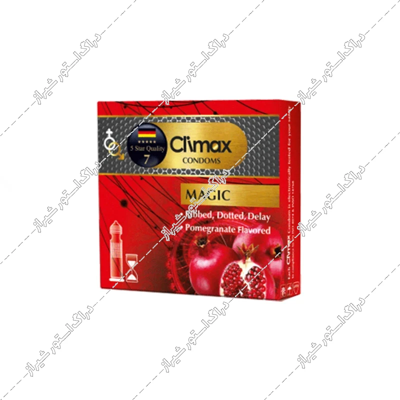 کاندوم تاخیری خاردار و شیاردار کلایمکس اناری مدل Magic بسته 3 عددی